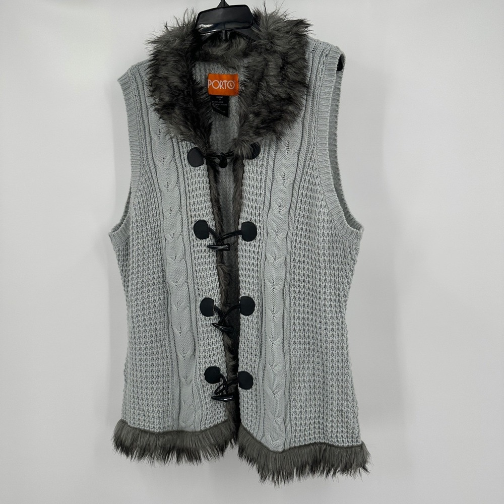 Womens Apres Ski Nordic Vest Size 1X Faux Fur Trim Rustic Cabin Cozy Chunky Knit